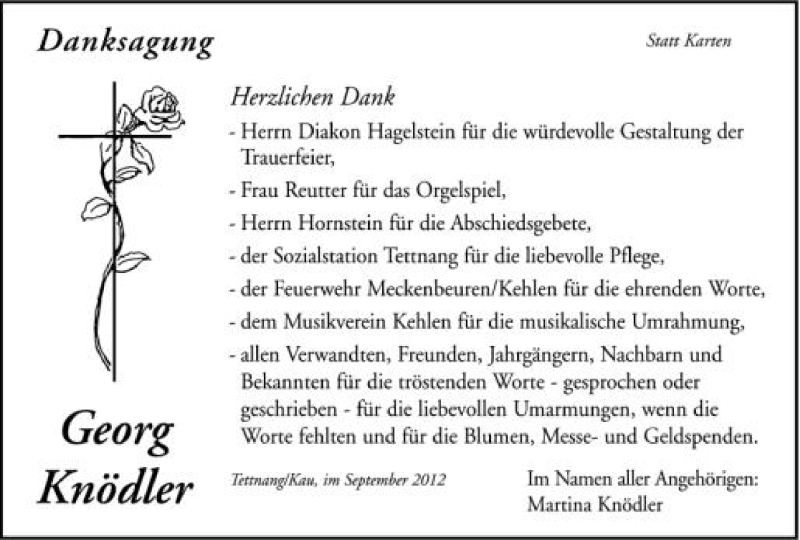  Traueranzeige für Georg Knödler vom 29.09.2012 aus Schwäbische Zeitung
