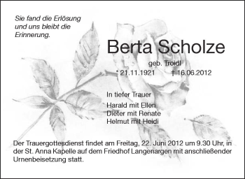 Anzeige von Berta Scholze von Schwäbische Zeitung