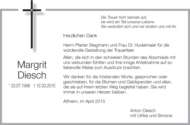  Traueranzeige für Margrit Diesch vom 11.04.2015 aus Schwäbische Zeitung