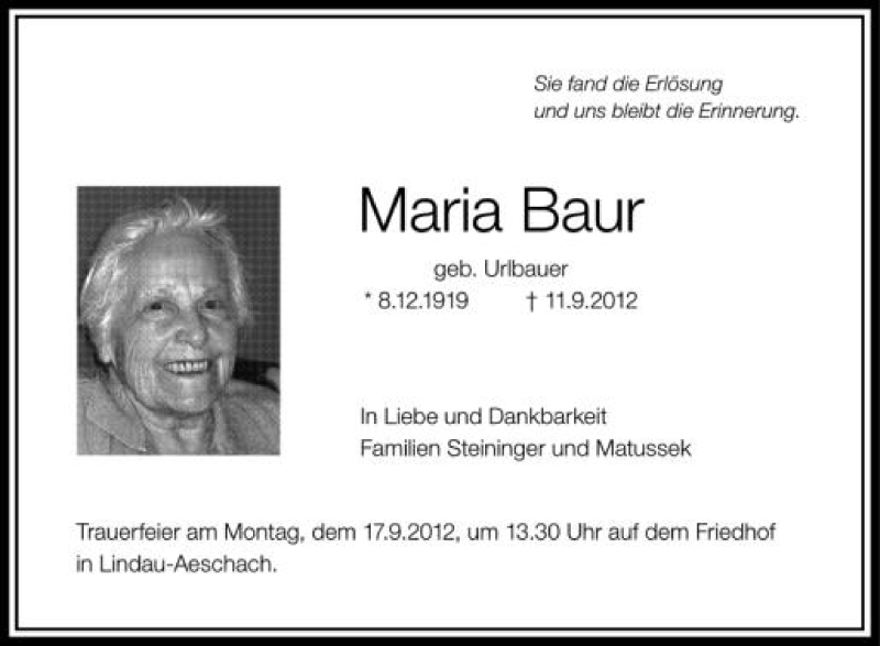  Traueranzeige für Maria Baur vom 14.09.2012 aus Schwäbische Zeitung