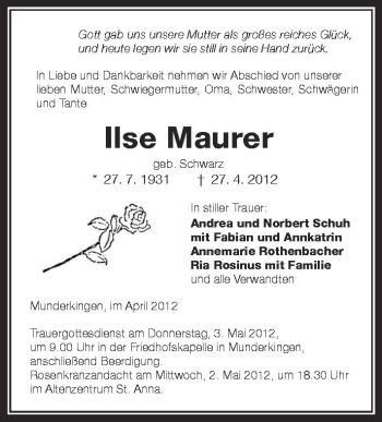 Anzeige von Ilse Maurer von Schwäbische Zeitung