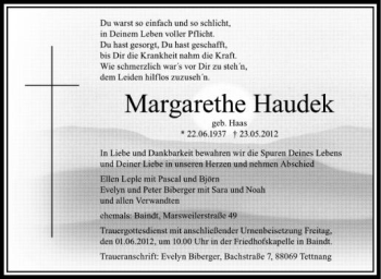 Anzeige von Margarethe Haudek von Schwäbische Zeitung