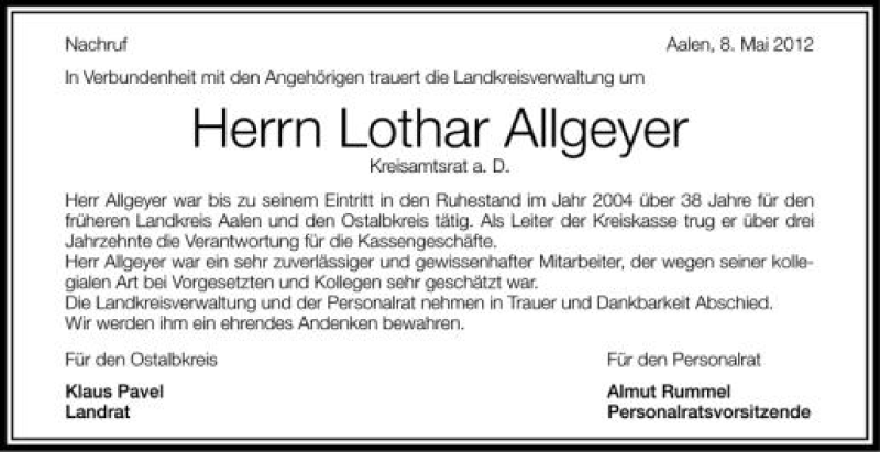  Traueranzeige für Lothar Allgeyer vom 08.05.2012 aus Schwäbische Zeitung