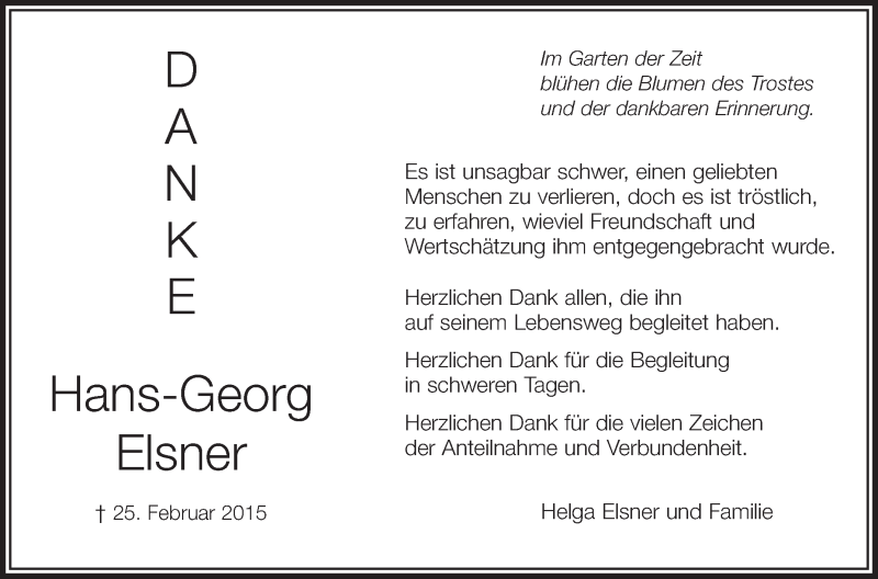  Traueranzeige für Hans-Georg Elsner vom 21.03.2015 aus Schwäbische Zeitung