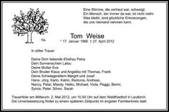 Anzeige von Tom Weise von Schwäbische Zeitung