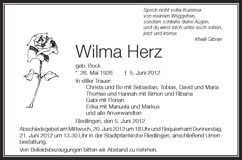  Traueranzeige für Wilma Herz vom 19.06.2012 aus Schwäbische Zeitung