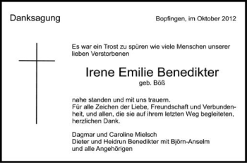 Anzeige von Irene Emilie Benedikter von Schwäbische Zeitung