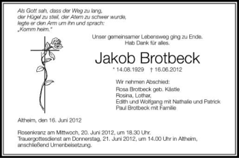 Anzeige von Jakob Brotbeck von Schwäbische Zeitung
