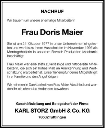 Anzeige von Doris Maier von Schwäbische Zeitung