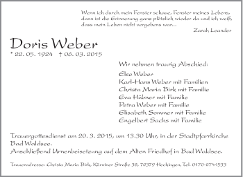 Anzeige von Doris Weber von Schwäbische Zeitung