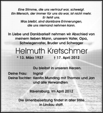 Anzeige von Helmuth Kretschmar von Schwäbische Zeitung