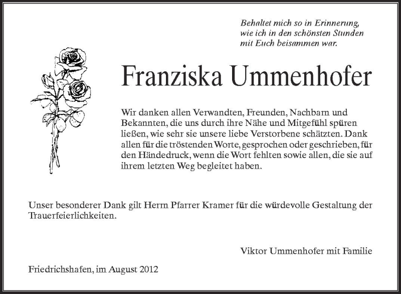  Traueranzeige für Franziska Ummenhofer vom 25.08.2012 aus Schwäbische Zeitung