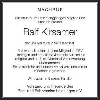 Anzeige von Ralf Kirsamer von Schwäbische Zeitung