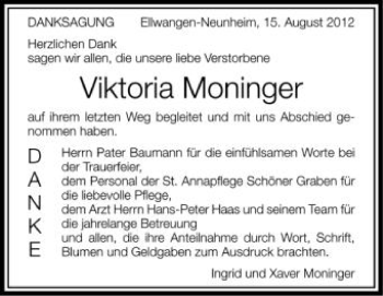 Anzeige von Viktoria Moninger von Schwäbische Zeitung