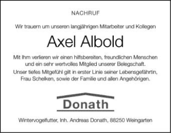 Anzeige von Axel Albold von Schwäbische Zeitung