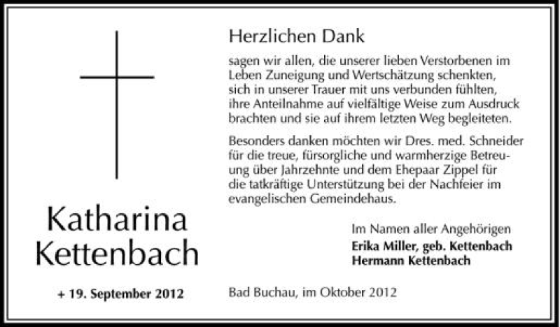  Traueranzeige für Katharina Kettenbach vom 06.10.2012 aus Schwäbische Zeitung