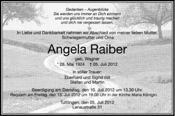 Anzeige von Angela Raiber von Schwäbische Zeitung