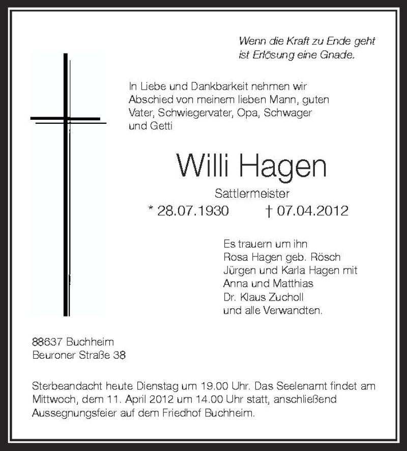  Traueranzeige für Willi Hagen vom 10.04.2012 aus Schwäbische Zeitung