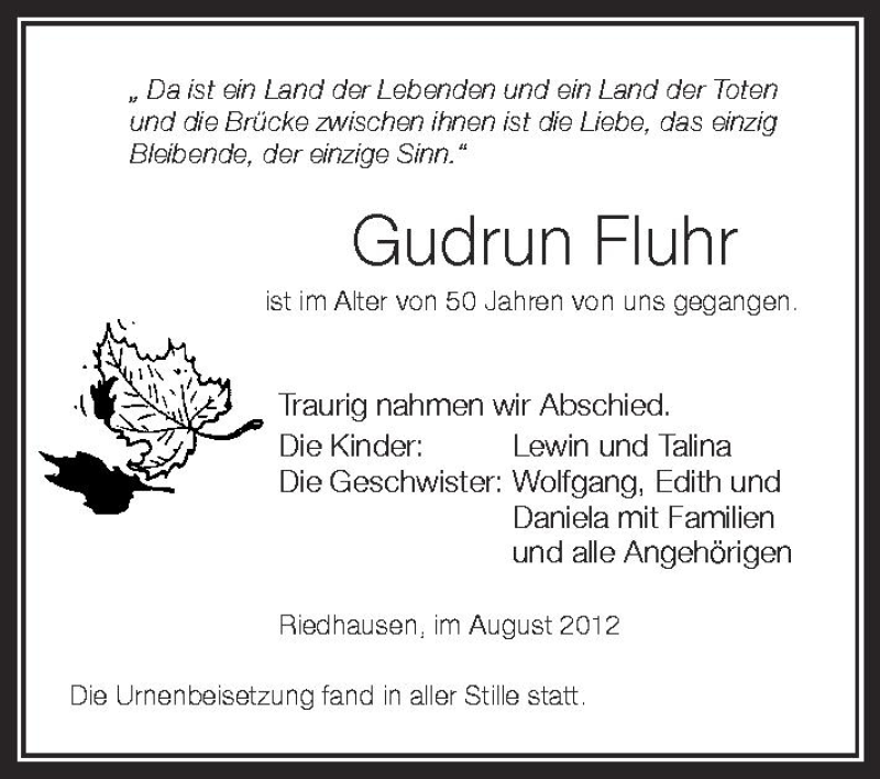  Traueranzeige für Gudrun Fluhr vom 22.08.2012 aus Schwäbische Zeitung