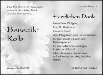 Anzeige von Benedikt Kolb von Schwäbische Zeitung