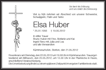 Anzeige von Elsa Huber von Schwäbische Zeitung