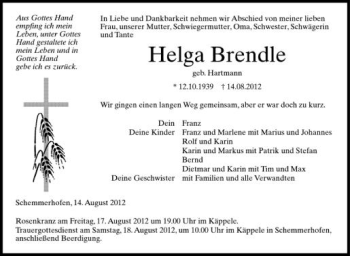 Anzeige von Helga Brendle von Schwäbische Zeitung