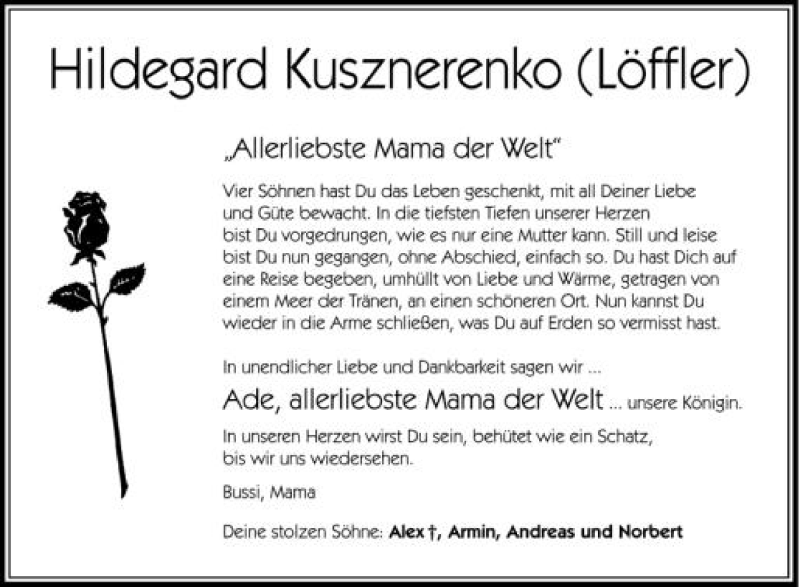  Traueranzeige für Hildegard Kusznerenko vom 04.10.2012 aus Schwäbische Zeitung