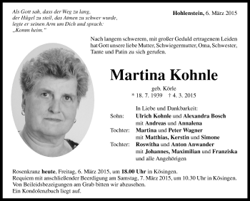 Anzeige von Martina Kohnle von Schwäbische Zeitung