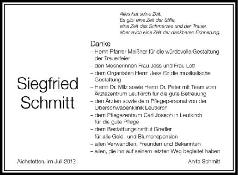  Traueranzeige für Siegfried Schmitt vom 14.07.2012 aus Schwäbische Zeitung
