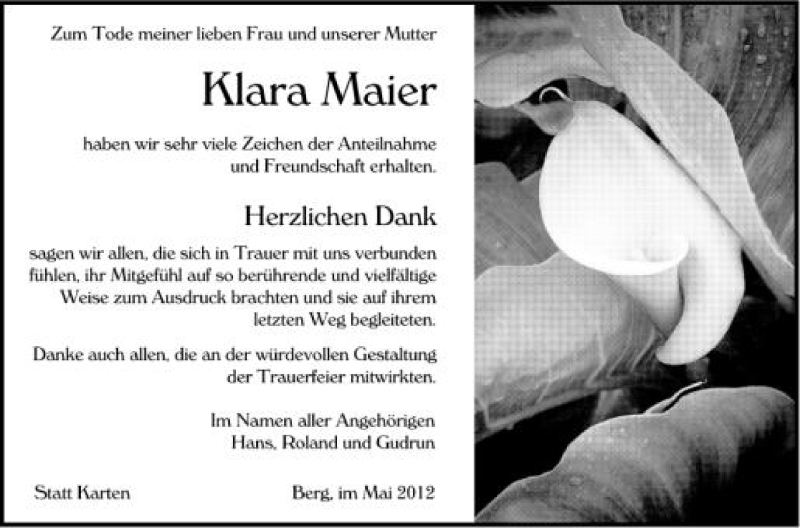  Traueranzeige für Klara Maier vom 25.05.2012 aus Schwäbische Zeitung