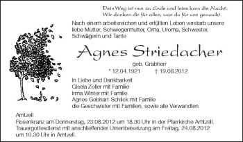 Anzeige von Agnes Striedacher von Schwäbische Zeitung
