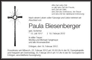 Anzeige von Paula Biesenberger von Schwäbische Zeitung