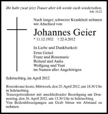 Anzeige von Johannes Geier von Schwäbische Zeitung