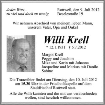 Anzeige von Willi Krell von Schwäbische Zeitung
