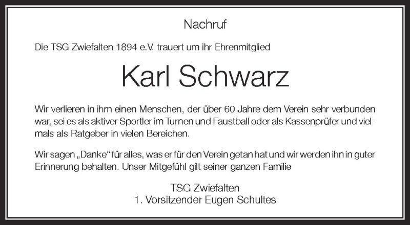 Traueranzeige für Karl Schwarz vom 26.07.2012 aus Schwäbische Zeitung