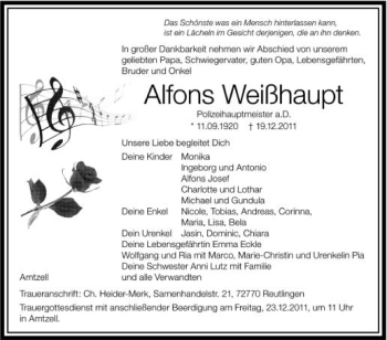 Anzeige von Alfons Weißhaupt von Schwäbische Zeitung