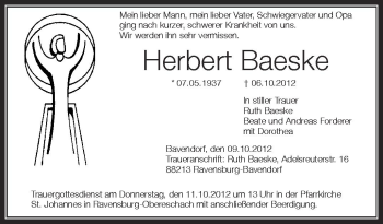 Anzeige von Herbert Baeske von Schwäbische Zeitung