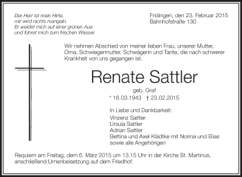 Anzeige von Renate Sattler von Schwäbische Zeitung