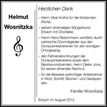 Anzeige von Helmut Wosnitzka von Schwäbische Zeitung