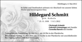 Anzeige von Hildegard Schmitt von Schwäbische Zeitung