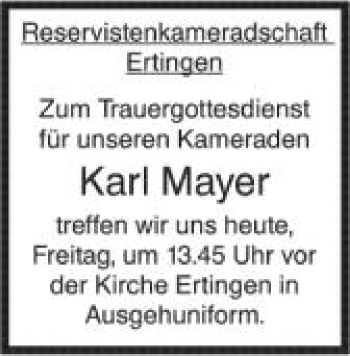 Anzeige von Karl Mayer von Schwäbische Zeitung