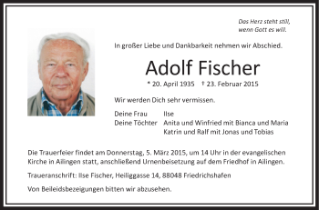 Anzeige von Adolf Fischer von Schwäbische Zeitung