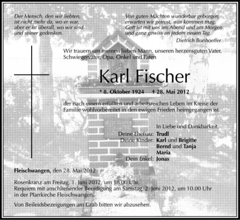  Traueranzeige für Karl Fischer vom 30.05.2012 aus Schwäbische Zeitung