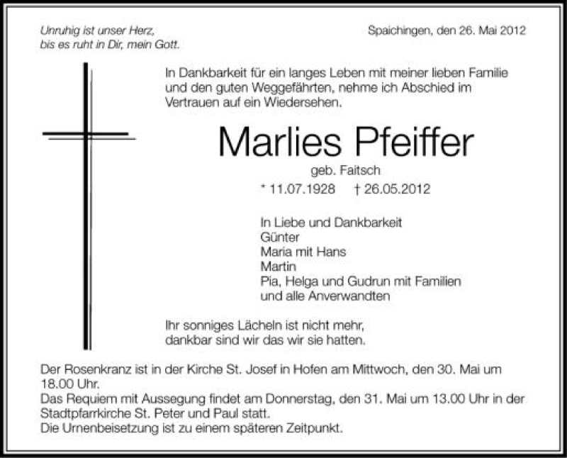  Traueranzeige für Marlies Pfeiffer vom 30.05.2012 aus Schwäbische Zeitung