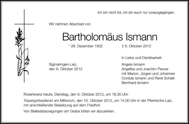 Traueranzeige für Bartholomäus Ismann vom 09.10.2012 aus Schwäbische Zeitung