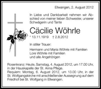 Anzeige von Cäcilie Wöhrle von Schwäbische Zeitung