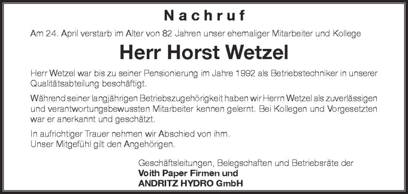  Traueranzeige für Horst Wetzel vom 30.04.2012 aus Schwäbische Zeitung