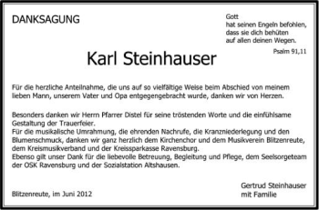 Anzeige von Karl Steinhauser von Schwäbische Zeitung