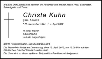 Anzeige von Christa Kuhn von Schwäbische Zeitung