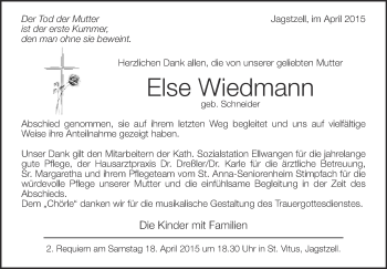 Anzeige von Else Wiedmann von Schwäbische Zeitung